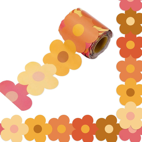 Whaline 32.8ft Groovy Retro Hippie Flower Bulletin Board Borders Boho Flower Die-Cut Bulletin Board Flower Shape Rolled Bulletin Board Trim for Sc...