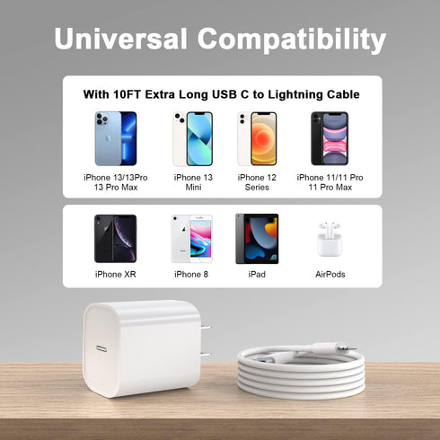 iPhone 14 13 12 Charger 10 FT, 3 Pack PD 20W USB C iPhone Charger Fast Charging Block with 3 Pack 10FT Long Type C to Lightning Cable Compatible f...