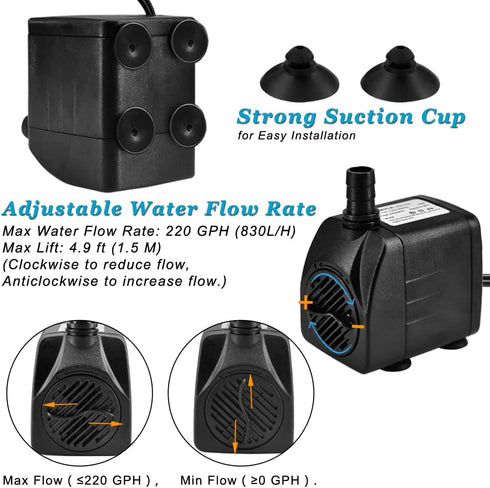 15W 220 GPH Submersible Fountain Pump with LED Light, Ultra Quiet Adjustable Water Pump (800L/H) for Water Feature, Hydroponics, Garden, Pond, Aqu...