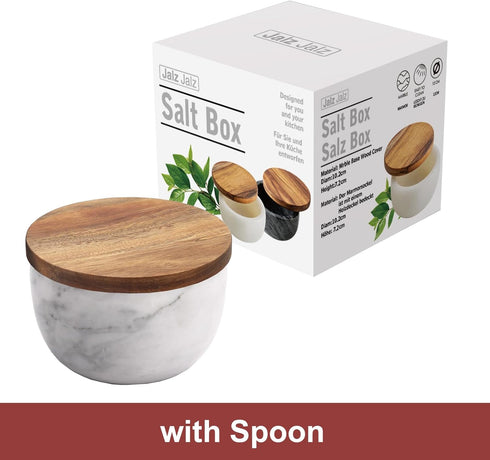 white Marble Base Wood Cover Salt Box with spoon Large Solid Natural Acacia lid white Marble base Elegant Design Decorative Boxes Big Capacity Sal...