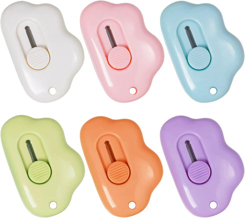 6 Pcs Mini Retractable Utility Knife Cloud Pocket Box Cutters Plastic Letter Opener Slide Open with Keychain Hole for Box Letter Envelope, Cloud S...