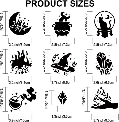 9 Styles Magic Theme Stencils 11.8×11.8inch Reusable Magic Witch Divination Stencil with Paint Brush Devil's Eye Witch Hat Moon Crystal Bottles Dr...