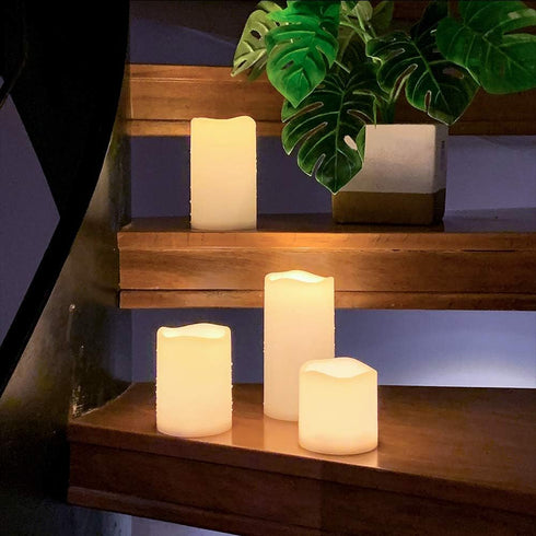 DRomance Flameless Flickering Candles with Remote Timer, Battery Operated Outdoor Waterproof White Plastic LED Pillar Candles Set of 4(3 x 3,4,5,6...
