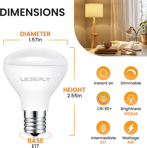 R14 LED Bulb, 4W=40W, Dimmable, E17 Base, Mini LED Reflector Floodlight Bulb, 400 Lumens, 2700K Warm White, 4 Pack...