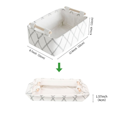 Decorative Collapsible Rectangular Fabric Storage Bin Organizer Basket with Wooden Handles for Clothes Storage,12.6x8.7x4.7 inch,White...