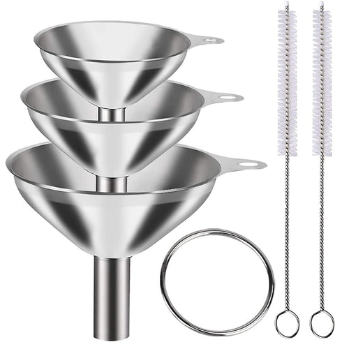 Kitchen Funnels Set for Bottles, 3pc Small/Medium/Large Food Grade Stainless Steel Metal Funnels with 2 Cleaning Brushes for Liquids, Essential Oi...