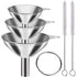 Kitchen Funnels Set for Bottles, 3pc Small/Medium/Large Food Grade Stainless Steel Metal Funnels with 2 Cleaning Brushes for Liquids, Essential Oi...