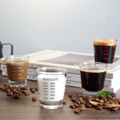 Shot Glasses Measuring cup Liquid Heavy Glass Wine Glass Espresso Shot Glass 26-Incremental Measurement 1oz, 6 Tsp, 2 Tbs, 30ml (2 pack-black 30ml...