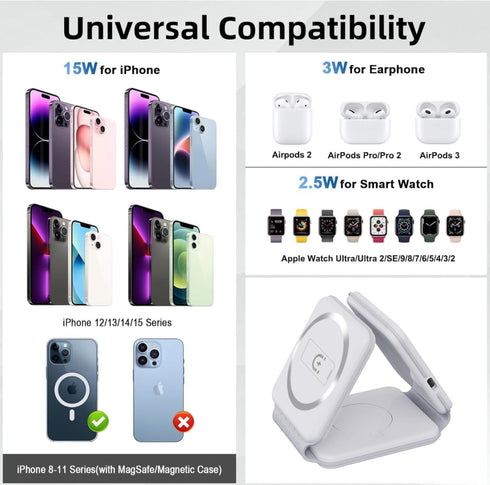 3 in 1 Charging Station for Apple Multiple Devices from Tech Gadget, Foldable Magnetic Mag-Safe Travel Charging Pad for iPhone 15 14 13 12 Pro Max...