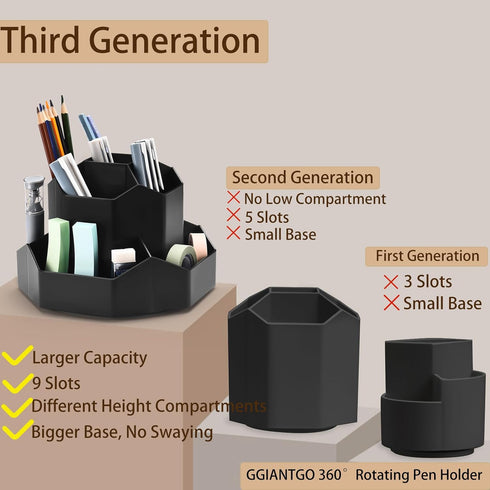 Pencil Pen Holder for Desk, 9 Slots 360 Degree Rotating Desk Organizer, Desktop Storage Pen Organizers Stationery Supplies, Cute Pencil Cup Pot fo...