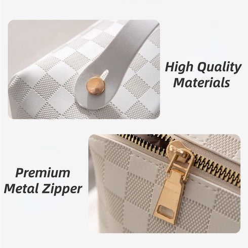 Large Capacity Brown Checkered Makeup Bags Portable Travel Cosmetic Bags Open-Flat Toiletry Bag for Women Girls Make Up Organizer with Divider Pou...