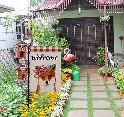 Welcome Cute Fox Garden Flag Double Sided Vertical, Autumn Halloween Buffalo Check Plaid Burlap Seasonal Yard Signs Outdoor Decor 12.5 X 18 Inch...