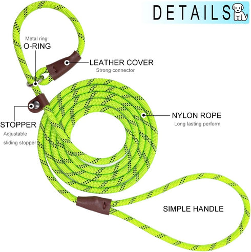 7Ft Slip Lead Dog Leash for Small Dogs, No Pull Small Puppy Pet Training Leash, Lightweight Nylon Rope Leash Green...