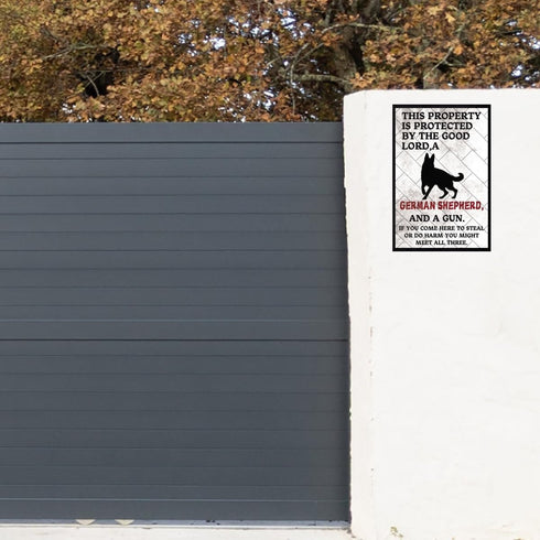 Funny Dogs Metal Tin Signs Beware Of Dog Sign Warning Signs Fence German Shepherd Sign This Property Is Protected By The Good Lord Metal Signs Hom...
