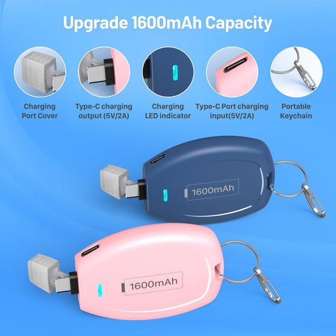 (2-Pack USB C Keychain Portable Charger, 1600mAh Mini Power Bank Ultra-Compact Battery Pack Power Emergency pod for Android Type-C Phones Samsung,...