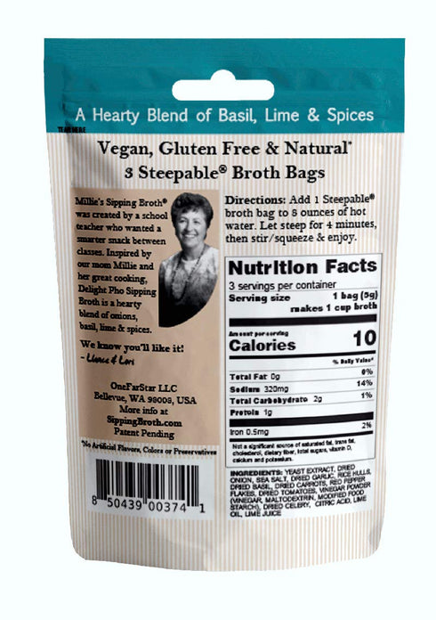 MILLIE'S SIPPING BROTH Steepable Vegetable Broth with Savory Seasonings for Snack Urges | Vegan, Keto, Gluten Free, Intermittent Fasting, and natu...