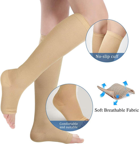 3 Pairs Open Toe Compression Socks Women Knee High Toeless 15-25 mmHg (S/M)...