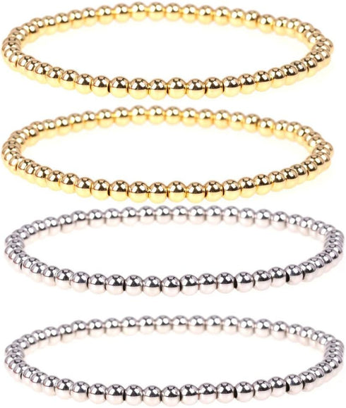 COLORFUL BLING 4Pcs Copper Beaded Stretch Bracelet Set Ball Beads Stacking Elastic Brass Bead Ball Stretch Bracelet Bangle for Women Men...