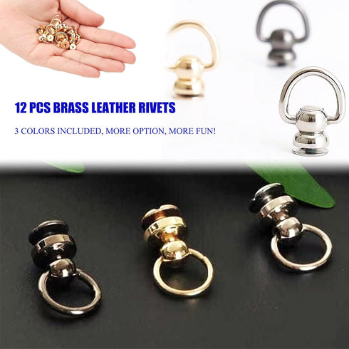 Leather Rivets 12 PCS Brass Ball Studs Screw Rivets, 360 Degree Rotatable D Ring for Purse Hardware for Bag Making Handbag Phone Case Belt DIY, Le...