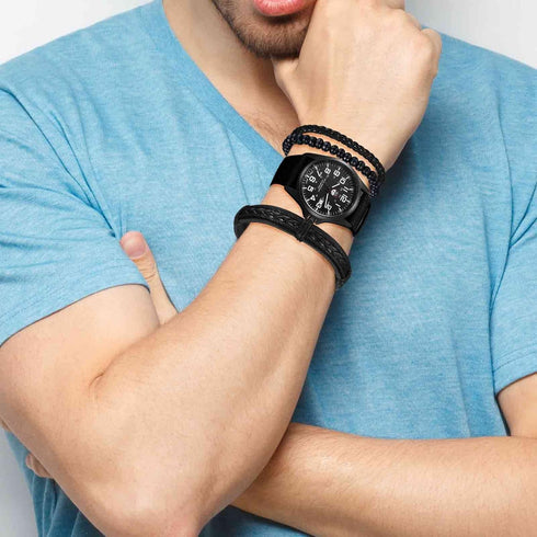 Avaner Men's Bracelet Watch Set, 4 Pcs Wrist Watch Bracelet Set, Military Nylon Strap Quartz Watch Black Leather Bracelets Set for Men...