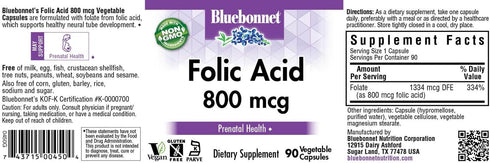 BlueBonnet Nutrition Folic Acid 800mcg, Healthy Neurological Development*, Soy-Free, Gluten-Free, Non-GMO, Kosher Certified, Dairy-Free, Vegan, 90...