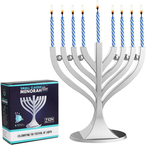 Zion Judaica Mini Classic Menorah with Mini Birthday Size Hanukkah Candles - Satin Silver Small Travel Minorah with 44 Blue and White Spiral Chanu...