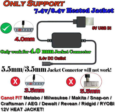 Heated Jacket Battery Step-Up Adapter Charger Cable for Heated Jackets, Heated Hoodies and Heated Vests (5v USB Transfer 8.4v, 12W)......
