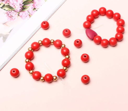 200 Red Wood Beads 14mm Round Dyed Wooden Loose Beads for Farmhouse Garland Making Wall Hanging Decor Christmas Ornaments (3mm Hole)...