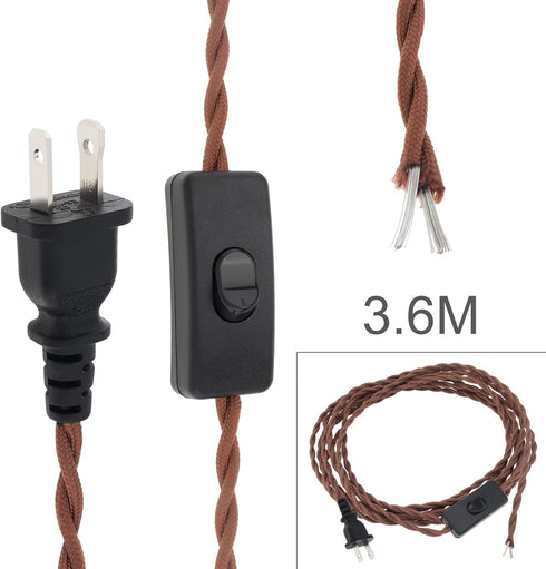 RTNLIT 11.8Ft Twisted Cloth Covered Lamp Cord with Switch Button and Molded Plug,18-Gauge Fabric Electrical Cord, Stripped Ends Ready for Wiring(3...