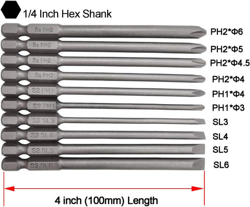 Long Slotted Head and Cross Phillips Screwdriver Bit Sets with 1/4 Inch Hex Shank 4 inch Lenght 4pcs Slotted Head and 6pcs Philips Cross Head Scre...
