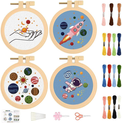 BEUNITONE 4PCS Universe Embroidery Kit Rocket Stamped Cross Stitch Kit Planet Astronauts Needlepoint Kit DIY Adult Beginner Stamped Cross Stitch K...