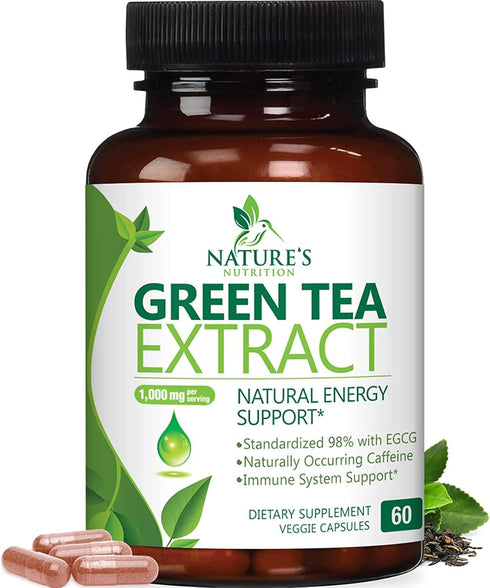 Green Tea Extract Capsules 1000mg 98% Standardized EGCG - 3X Strength for Natural Energy - Heart Support with Polyphenols - Gentle Caffeine - 60 C...