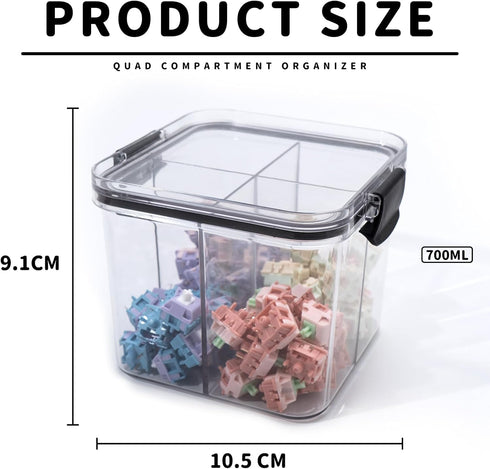 Keycaps Storage Box, 4 Grids Organizer Box with Dividers, Keyboard Switch Container Transparent Plastic Sealed Switch Storage Can Mechanical Keybo...