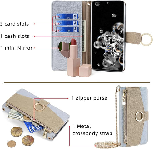 Asuwish Phone Case for Samsung Galaxy S20 Ultra 5G Wallet Cover with Screen Protector and Mirror Flip Cover Ring Card Holder Crossbody Strap Cell ...