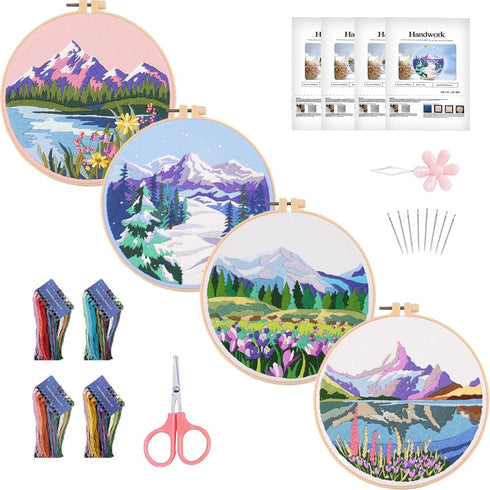 NEWSEE 4 Sets of Starter Kits for Embroidery Beginners, Cross Stitch kit, Embroidery Starter Kit Including Embroidery Hoop, Color Threads and Embr...
