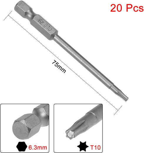 uxcell 20 Pcs T10 Magnetic Torx Screwdriver Bits, 1/4 Inch Hex Shank 3-inch Length S2 Power Tool...