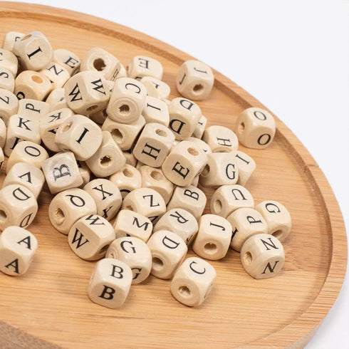 PH PandaHall 1060pcs 10mm Alphabet Wooden Beads Random Natural Square Wooden Beads 3~4mm Hole Wood Loose Bead with Initial Letter Cube Bead for Je...