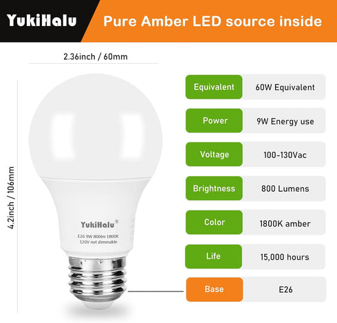 YukiHalu LED Amber Light Bulbs, A19 1800K E26 800Lm, 60W Equivalent Soft Warm Sleep Light Bulbs for Healthy Sleep, Baby Nursery Light, Bedroom Nig...