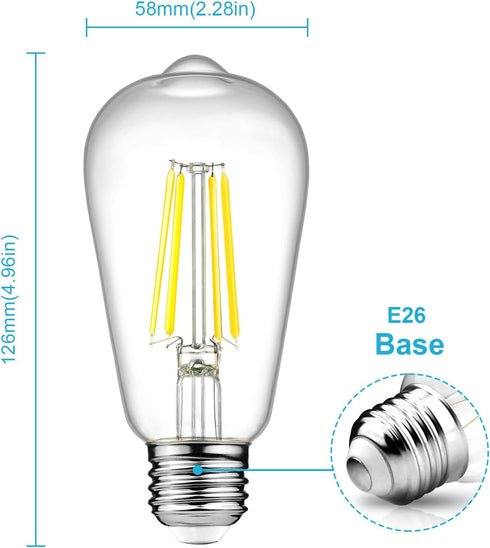 Ascher Dimmable Vintage LED Edison Bulbs, 6W, Equivalent 60W, Bright Daylight White 4000K, 80+ CRI, ST58 Antique LED Filament Bulbs, E26 Medium Ba...
