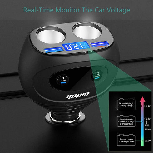 2 Sockets Cigarette Lighter Splitter, QC3.0+5V 2.4A Dual USB Car Charger, Separate Switch Voltage Display, 12/24V 80W Power Adapter Compatible iPh...