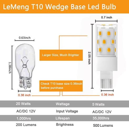 50watt T10 Wedge Base 921 LED Light Bulb 5W 500lm,2700K Warm White,12VAC/DC for Outdoor Landscape Path,Automotive RV Camper Trailer Motorhome 5th ...