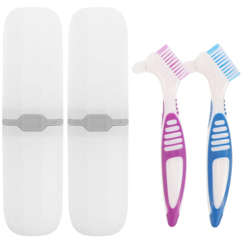 Healeved 2 Sets Denture with Toothbrush Cases, Denture Cleaning Personal Denture Toothbrush Small Double-Side Assorted Color...