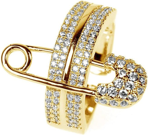 NewZenro Wide Flat CZ Safety Pin Chunky Open Rings Fashion Cubic Zirconia Paved Expandable Engagement Promise Statement Band Rings 14k Gold Plated...