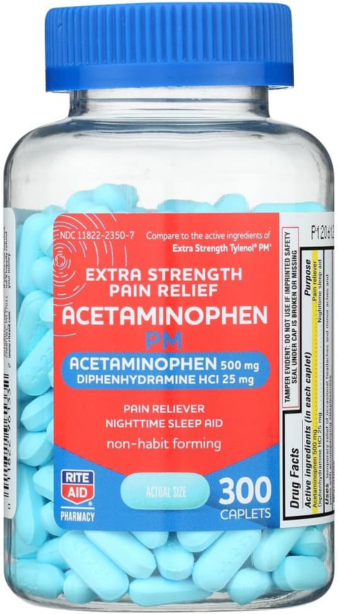 Rite Aid Extra Strength Pain Relief Acetaminophen PM Caplets, 500mg Acetaminophen / 25mg Diphenhydramine - 300 Count - Nighttime Pain Reliever + S...