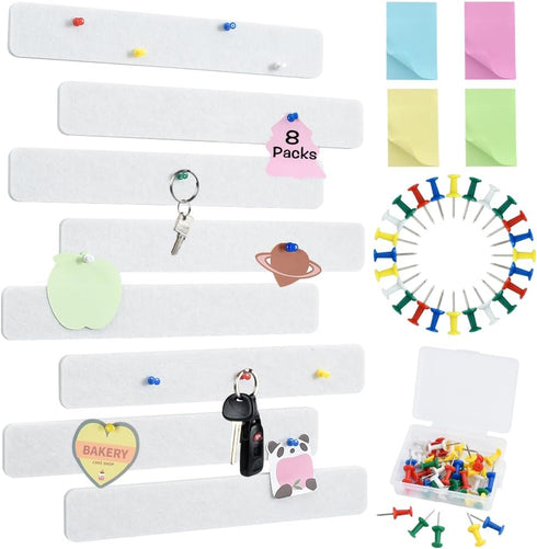 8Pcs White Cork Board Bar Strips with 50 Pushpins & Sticky Notes, Self-Adhesive Bulletin Board Strips No Damage for Wall, Felt Pin Board for Paste...