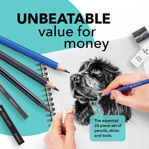 Castle Art Supplies 26 Piece Drawing and Sketching Art Set: Perfect for Beginners, Kids or Any Aspiring Artist - Includes Graphite Pencils and Sti...