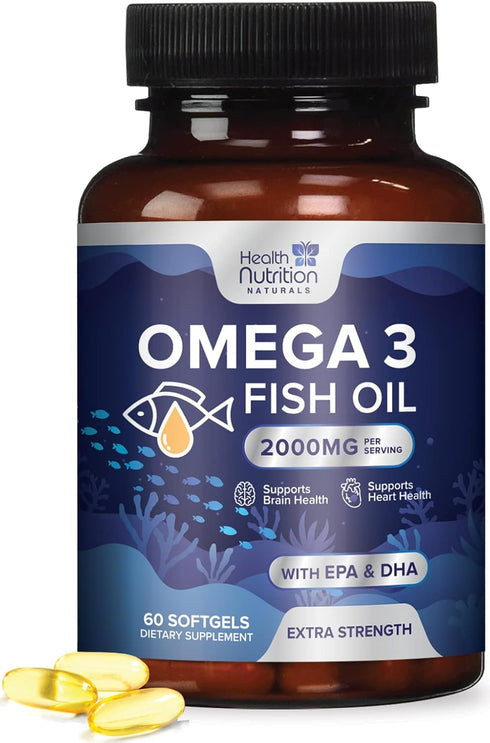 Omega 3 Fish Oil Triple Strength 2000 mg Softgels, Omega-3 Supplements, Natural Brain Heart Joint Health & Immune Support - Fatty Acids with EPA &...