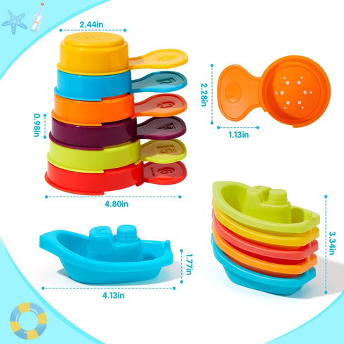 Bath Toys Rainbow Floating Boats with Bathing Spoon, 11 Pcs Water Table Toys Baby Bath Toys for Toddlers 1-3/Infants 6-12-18 Months Bathtub Toys S...