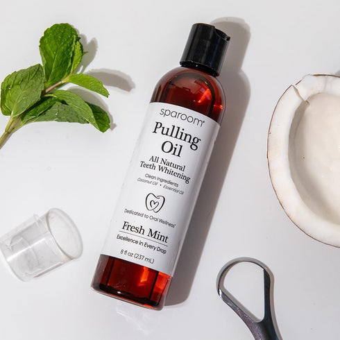 SpaRoom Ayurveda Pulling Oil Mouthwash and Tongue Scraper; Made with Coconut Oil and 7 Essential Oils for Fresh Breath, Teeth Whitening and Gum He...
