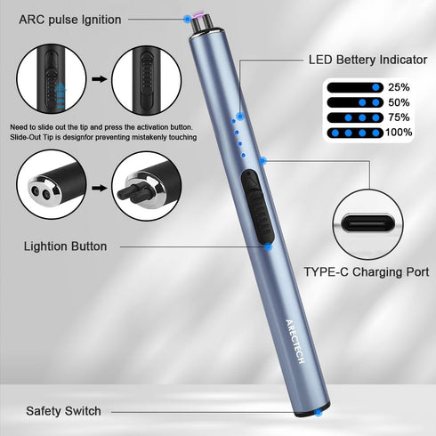 ARECTECH Electric Candle Lighter Rechargeable Lighter Arc Plasma Lighters for Candle Kitchen Camping Christmas Type-C Blue...
